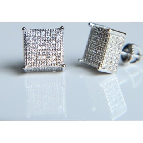 High quality silver plated rose gold color micro pave cz big cube shape hiphop bling mens screwback earring
