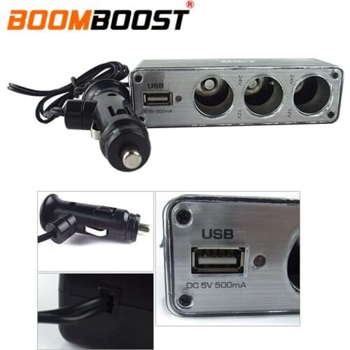 3 Way Auto Socket Splitter 12V Charger Power Adapter Plug DC 12V Triple socket with one USB Car Cigarette Lighter