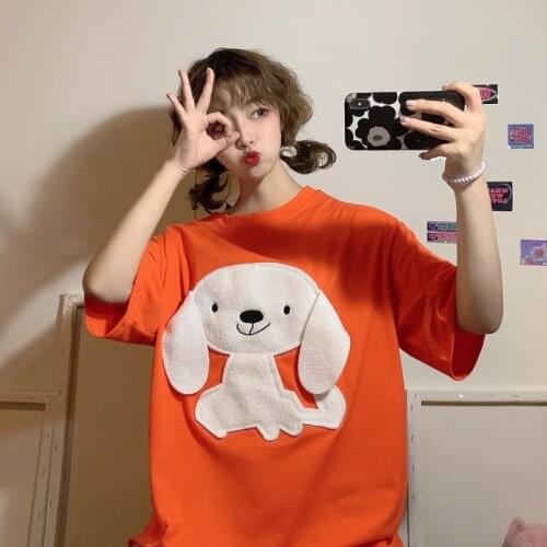 Oversizet Short-sleeved T-shirt Women 2021 New Summer Cute Dog Korean Ins Lazy Bf Loose All-match O Neck Casual Tops for Women