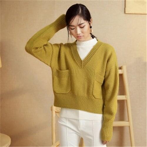 New fashion 100%hand made pure wool Vneck knit women solid H-straight short pullover sweater one&over size