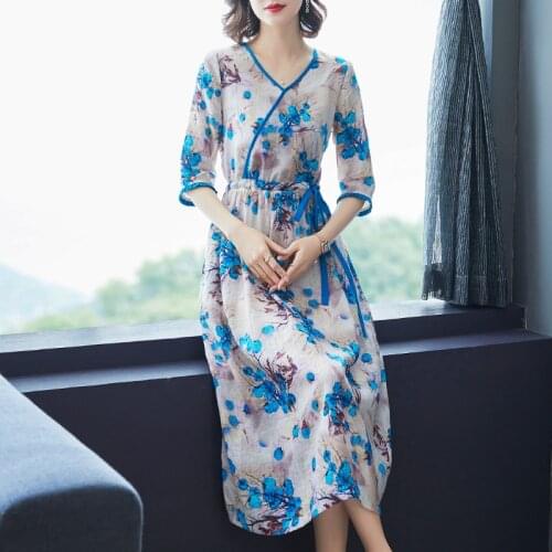 Elegant Vintage 3XL Plus Size Floral Women Dress 2021 Summer Korea Cotton Linen Print Beach Midi Sundress Bodycon Party Vestidos