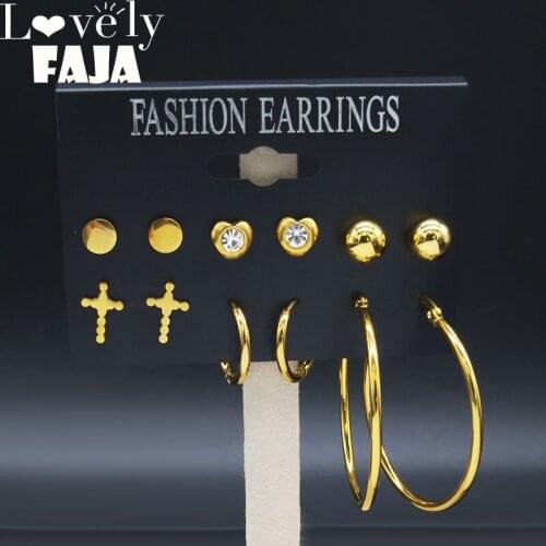 6 Pair 2021 Cross Crystal Stainless Steel Earrings Set for Women Gold Color Stud Earrings Set Jewelry pendientes mujer E61281S03