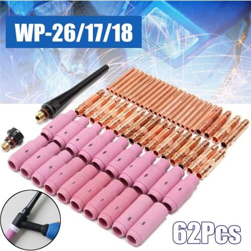 62Pcs TIG Welding Torch Ceramic Copper Nozzle Pyrex Cup for Welding Machine WP-26/17/18 Kit