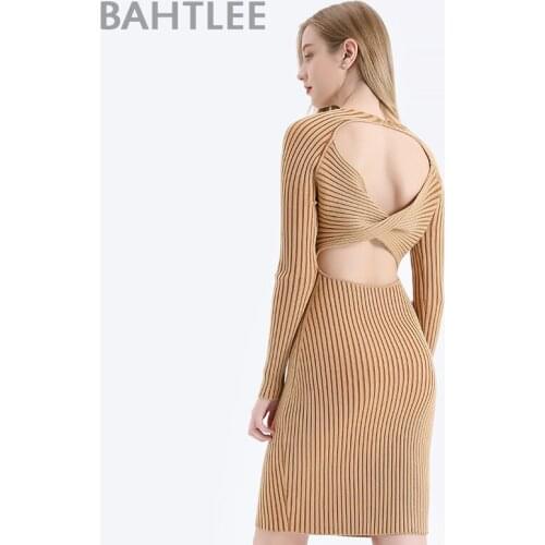 BAHTLEE Women Slim Bodycon Sexy Dress Backless Wool Knitted Bundle Waist Long Sleeves Dress