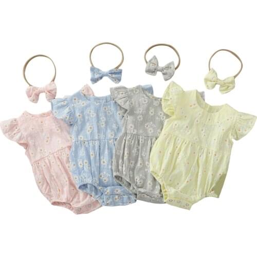 Infant Flying Sleeve Romper + Bow Headdress, Small Daisy Print Fold Decoration Summer Clothing