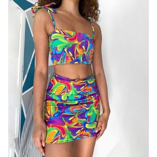 Dourbesty Women Sexy Two-piece Skirts Set Irregular Printed Pattern Straps Camisole and Bodycon Skirt Fashion Party Streetwear