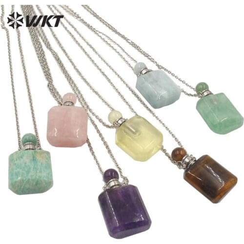 WT-N1192 New design natural stone perfume bottle square shape stone bottle wIth silver plated chain natural stone Jewel