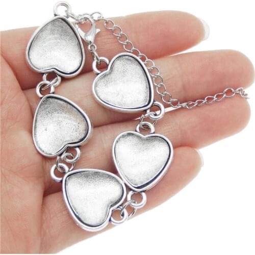 Heart Shape Cabochons Antique Silver Connector Base Bracelet Setting Bezel Blank Base With Glass For Bangle DIY Making Accessory