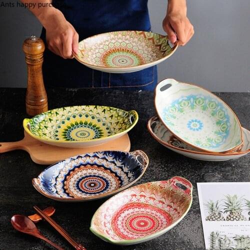 Ceramics Oval Binaural Dinner Plate Bakeware Underglaze Decorative Tableware Fish Plate Home Kitchen Supplies Fruit Food Bowl