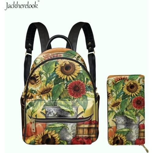 Sunflowers Design Funny Pop Girls Casual Shoulders Bag Card Holder Wallet Elegant Women Zipper Pu Leather Backpack Coin Purse