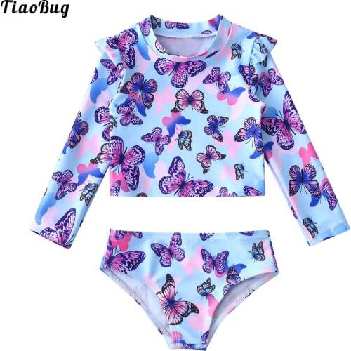 TiaoBug Summer 2Pcs Kids Girls Swimsuit Round Neck Long Sleeves Tops And Briefs Set Beach Swimwear Bathing Suit Bikini