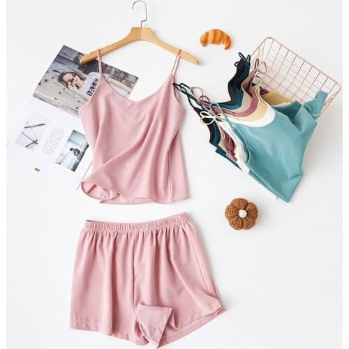 SeeBest 2020 Summer Cami Shorts Pajamas Set Women Homewear Sleepwear Female Loungewear Sexy Pajamas Imitation Silk Pajamas