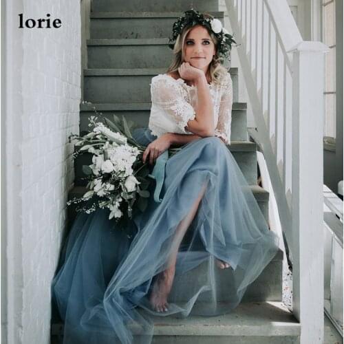 LORIE Dusty Blue Lace Wedding Dresses Half Sleeve Boho A-line Romantic Bride Dresses vestidos de noiva 2020 Wedding Gowns