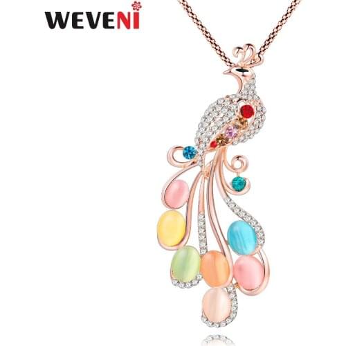 WEVENI Statement Crystal Stone Beaded Peacock Necklace Pendant Long Rhinestone Chain Collar New Fashion Luxury Jewelry For Women