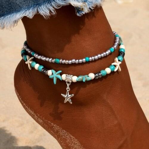 Multilayer Shell beach Anklet Starfish Beads Anklets For Women Vintage Handmade Sandal Statement Bracelet Foot Boho Jewelry