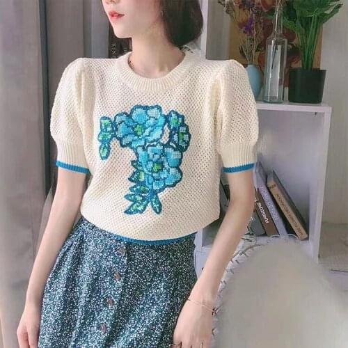 Lady Summer Vintage Embroidered Flowers Loose Knit T-shirt Womens O-Neck Puff Short-Sleeved Chic Tees Hollow Out Knitwear Tops