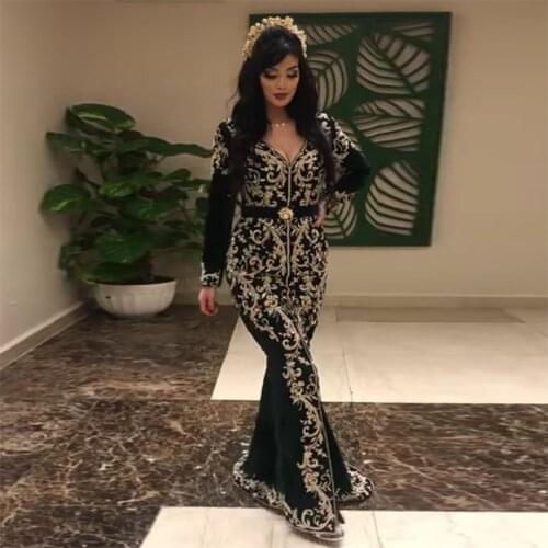 Fashion Black Mermaid Moroccan Kaftan Evening Dress Sexy V Neck Long Sleeve Muslim Dubai Arabic Prom Dress Evening Gown Custom