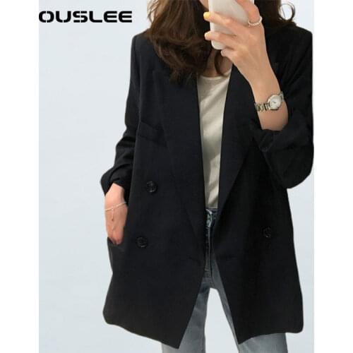 OUSLEE Autumn Women Oversized Leisure Blazer Office Lady Pocket Blazer Solid Color Coat Long Sleeve Temperament Vintage Jackets