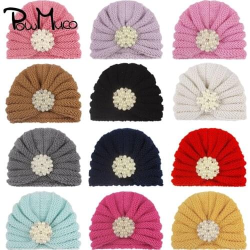Powmuco 16*12.5 CM Solid Color Striped Knitting Wool Hat Shining Pearls Rhinestone Baby Girls Caps Handmade Crochet Kid Headwear
