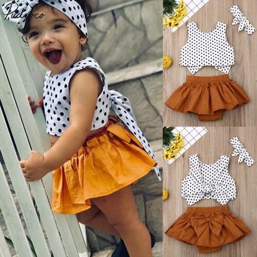 Dropshipping Kid Girls Polka Dot Tops Headband Bow Knot Skirt 3pcs Clothes Clothes Sleeveless Tops T-shirt Short Skirt Set