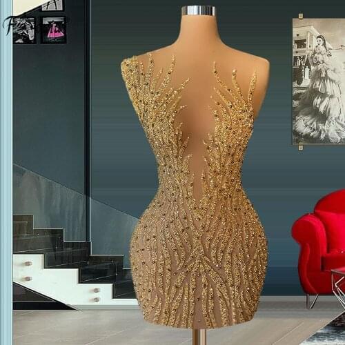 Luxury Sheer Neck See Through Short Prom Dress Sparkly Gold Beaded Sequin African Black Girls Cocktail Dresses Robe De Soiree