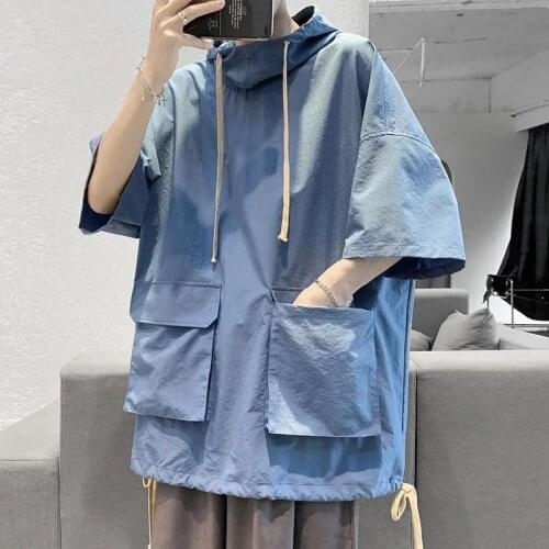 Country Trend Retro Mens and Womens Workwear Style Half Sleeve Top Loose and Lazy Big Pocket Black Half Sleeve Hooded T-shirt