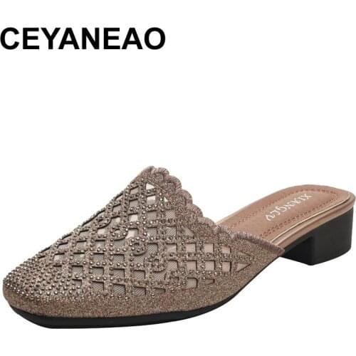 CEYANEAOWomens toe cap sandals, summer new style outer wear mesh, breathable rhinestone mid-heel temperament pointed sandals