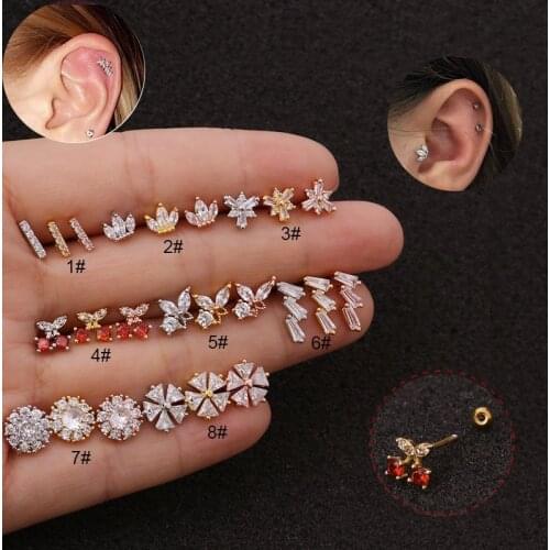 1Pc Stainless Steel Zircon Flower Crown Piercing Cz Ear Studs Helix Piercing Cartilage Earring Rook Tragus Couch Stud Piercing