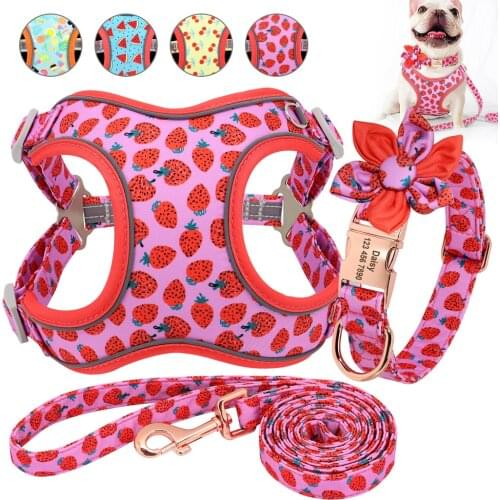 Printed Dog Harness Customzied Dog Collar Nylon Dog Harness Collar Leash Personalized Dogs Collar ID Tag Pet Harnesses Vest