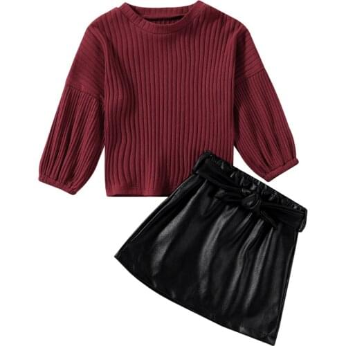 Citgeett Autumn Kids Girls Tracksuit Solid Color Puff Sleeve Tops + Short Leather Skirt Spring Clothes Set 1-6Years