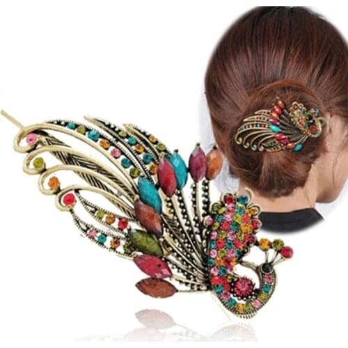 Classic Retro Women Crystal Peacock Hair Clip Hairpin Bohemia Ethnic Hair Clip Chinese Style Handmade Hair Accessories