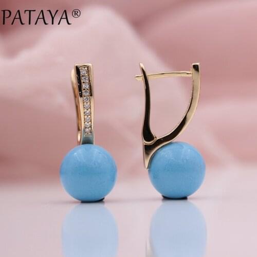 PATAYA New Turkish Blue Shell Pearls White Natural Zircon Drop Earrings 585 Rose Gold Women Wedding Party Low-key Luxury Jewelry