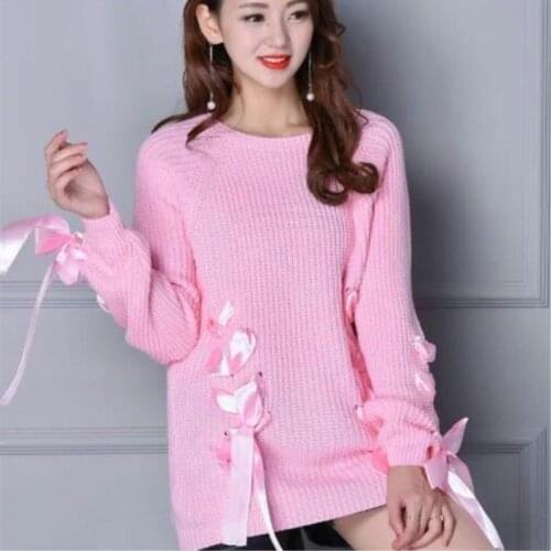 Women 2021 Autumn Winter New Korean Warm Knitted Jumper Female Soft Loose Pullovers Ladies Bow Long Sleeve Sweater Tops Q397