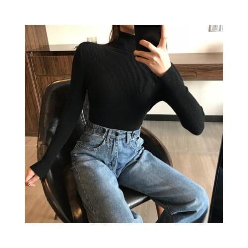 Women Stylish Long Sleeve High Collar Top Fashion Solid Color Knitwear for Ladies