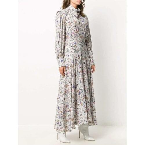 Turtleneck Geometric Print Women Maxi Dress New 2021 Autumn Long Sleeve Ladies Silk Long Robes Female Clothing