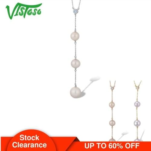 VISTOSO Gold Necklace For Women Genuine 14K 585 Rose/White/Yellow Gold Fresh Water White Pearl Diamond Necklace Fine Jewelry