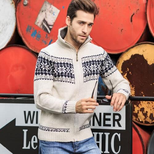 Winter Mens Jacquard Sweater Coat Christmas snowflake print Knitted Cardigan Turtleneck Full Zip Casual Warm Woollen Sweater