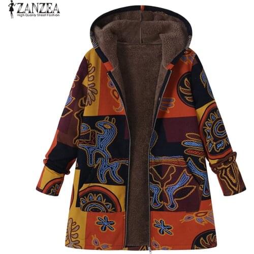 2021 ZANZEA Women Long Sleeve Hooded Winter Thicken Warm Coat Autumn Retro Faux Fluffy Ethnic Printed Basic Outerwear Oversize