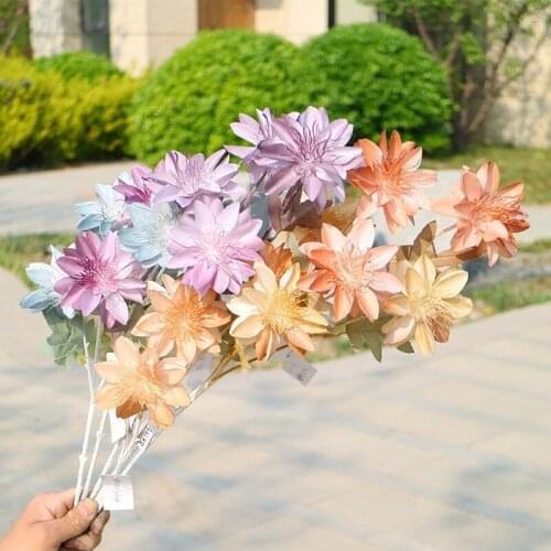 3Pcs Simulation Dahlia Fake Flowers Branch for Background Decoration Wedding Hall Flower Arrangements Floral Home Display