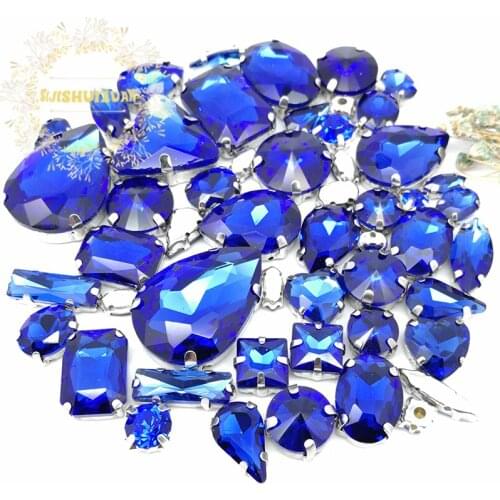 58pcs 10shapes 25sizes Mix Sapphire blue shape and sizes Glass Crystal rhinestones silvery bottom DIY Clothing accessories