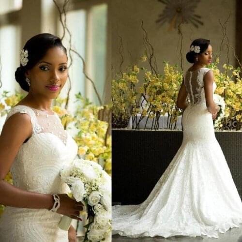 African Mermaid Lace Wedding Dresses Amazing Back Covered Buttons Wedding Bridal Gowns Chapel Train