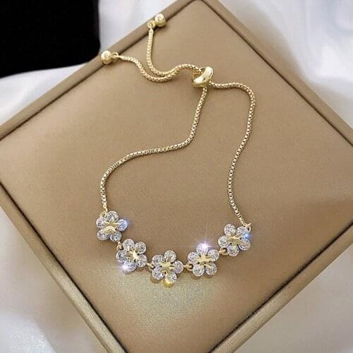 Origin Summer Korean Bling Bling Cubic Zircon Flower Bracelets for Women Femme Gold Color Adjustable Metallic Bracelets Jewelry