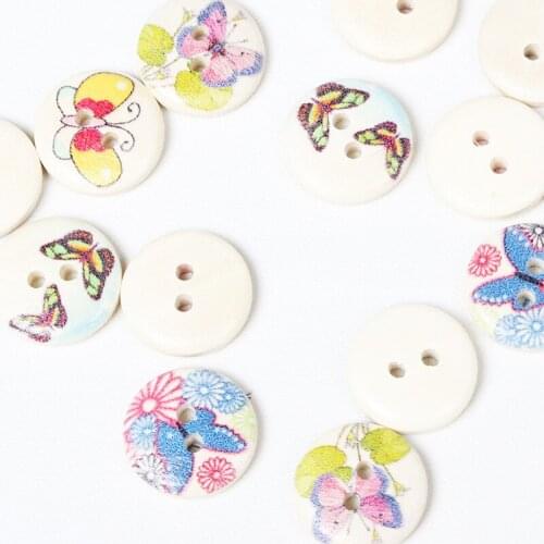 50PCs 15mm Wood Buttons For Needlework Handicraft 2 Holes DIY Butterfly Bee Pattern Buttons For Clothing Patchwor WD0366