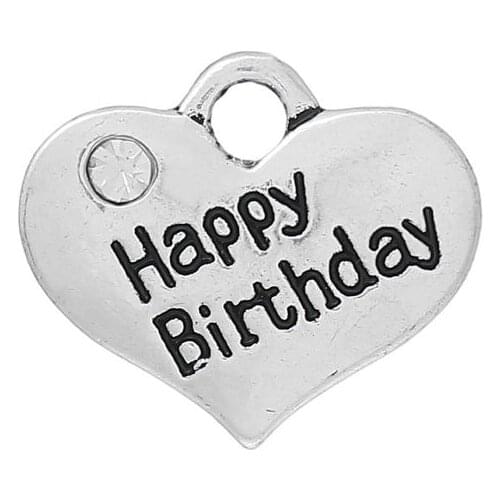 DoreenBeads Charm Pendants Heart Silver Color "Happy Birthday"Carved Clear Rhinestone 16mm x 14mm(5/8" x 4/8"),20PCs