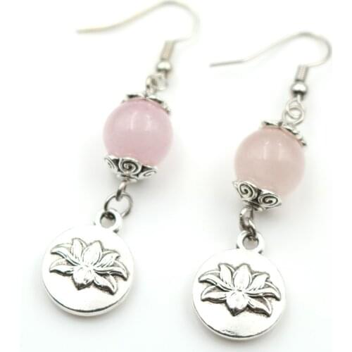 FYJS Unique Silver Plated Lotus Flower Rose Pink Quartz Round Beads Earrings Green Fluorite Stone Jewelry