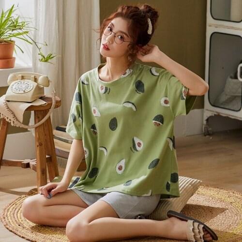 Summer 2 Piece Set Women Sleepwear Sets Lovely Avocado Pattern Pajamas Cotton Short Home Wear Femme Underwear Pijamas Women
