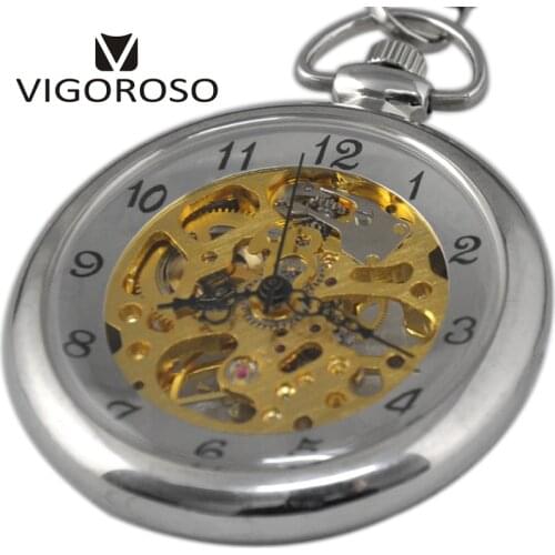 Stainless Steel Mechanical Pocket Watch Transparent Open Face Silver Steampunk Wind up Watch FOB Chain Clock Gift VIGOROSO Brand