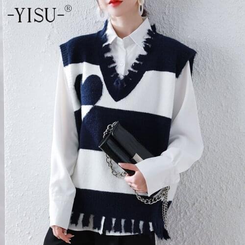 YISU 2021 Fashion Women Loose Sweater Autumn V-Neck Tops Vest Stitching color Female Knitted pullover sleeveless Women clothing