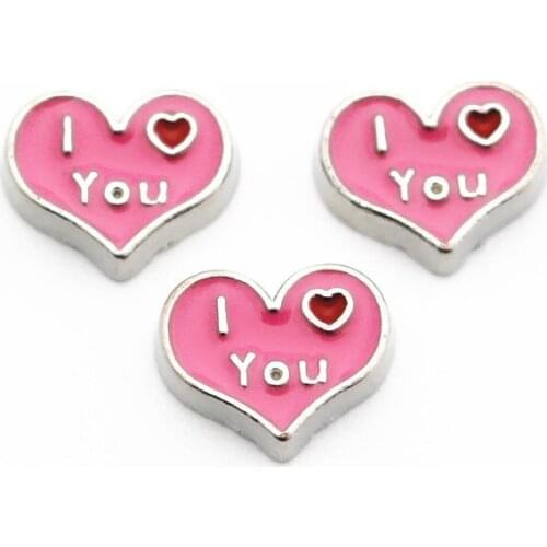 New Style 10pcs/lot Metal Enamel Heart Pink I Love You Silver Floating Charms For Living Glass Lockets Necklace DIY Jewelry