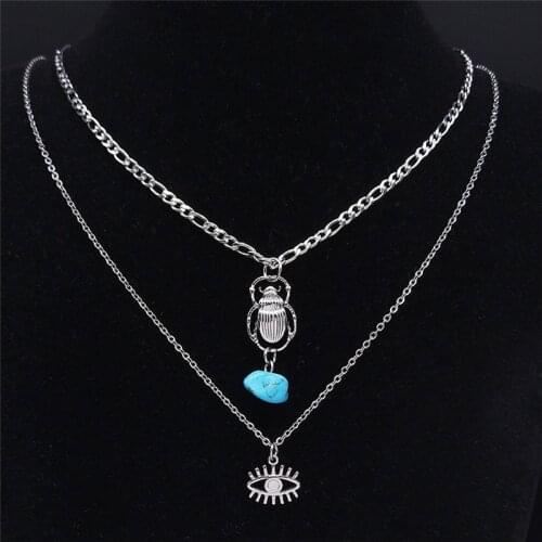 2PCS Natural Stone Stainless Steel Necklace Eye Ancient Egyptian Scarab Beetle Layer Choker Necklace Jewelry collar NK230S04